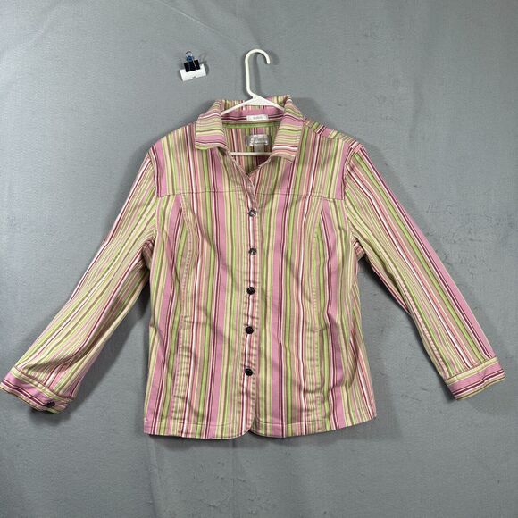 CJ Banks Womens Metal Button up Shirt Jacket Collar Striped Pink Size 1X - Picture 1 of 11